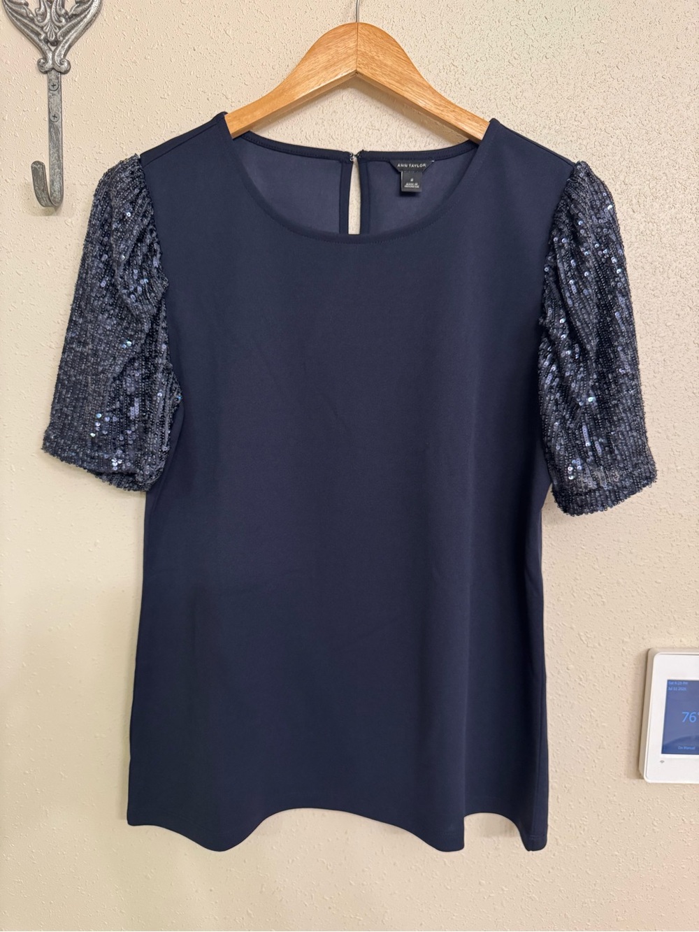 Ann Taylor Navy Top with Sequin Puff Sleeves M